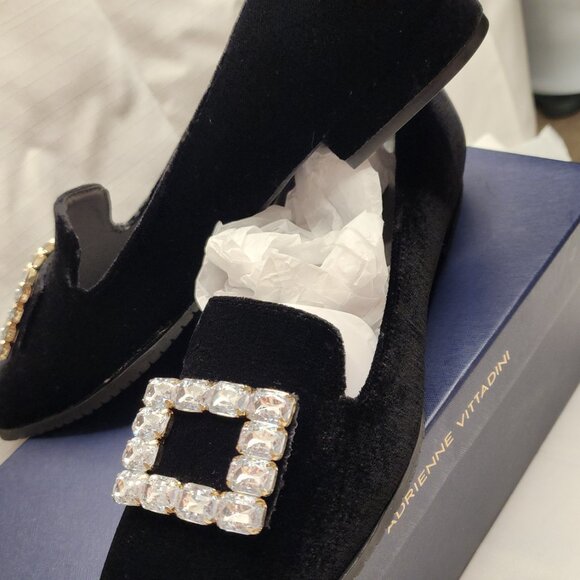Adrienne Vittadini Black Velvet Crystal Buckle Flats Victorian Glam | 2YK size 9 - Picture 13 of 16